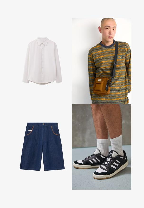 Weißes Langarmhemd mit klassischem Kragen, Knopfverschluss vorne, lockerer Passform und abgerundetem Saum; aus glattem, leichtem Stoff gefertigt.; Jeansshorts in einem tiefblauen Farbton, mit kontrastierenden braunen Nähten entlang der vorderen Taschen und einem klassischen Knopfverschluss.; Schwarz-weiße Sneaker mit einem Obermaterial aus Wildleder und Leder, ausgestattet mit drei weißen Streifen, einer perforierten Zehenpartie und einer Sohle aus Gummi.; Braune Stoff-Crossbody-Tasche mit Reißverschluss und Fronttasche; getragen über einem gestreiften Langarmshirt in Grau und Orange mit Logo-Patch.