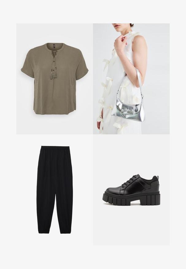 Khaki blůza s krátkým rukávem a kulatým výstřihem, zapínání vpředu na knoflíky a dekorační třásně s korálky u detaily mašle. Hladká textura látky.; Černé, lehké kalhoty s elastickým pasem a nařasenými kotníky. Tkanina je hladká a má uvolněný, zúžený design.; Černé kožené platformové boty s masivním blokovým podpatkem, kulatou špičkou a tradičním šněrováním. Mají hladký povrch a minimální detaily.; Stříbrná kovová kabelka se strukturovaným tvarem, s horním držadlem a detailem v podobě mašle na přední straně. Hladký povrch, reflexní lesk.
