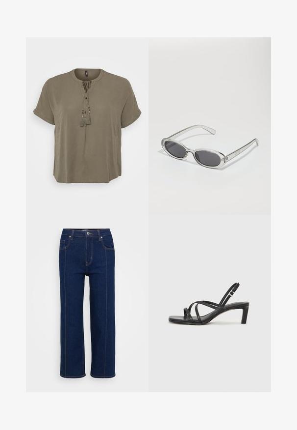 Khaki Kurzarmbluse mit rundem Halsausschnitt, vorderer Knopfverschluss und dekorativen Quasten mit Perlen am Bindeband. Glatte Stofftextur.; Dunkelblaue gerade Jeans mit Knopfverschluss, vorderen und hinteren Taschen sowie sichtbaren orangefarbenen Nähten entlang der Nähte.; Schwarze Sandale mit Riemchen, quadratischer Zehenform und niedrigem Blockabsatz. Verfügt über mehrere dünne Riemen und einen verstellbaren Knöchelriemen. Hergestellt aus glattem Leder.; Sonnenbrille mit ovaler Form, klarem Kunststoffrahmen, dunkelgrauen Gläsern und dünnen transparenten Bügeln mit Logo-Akzenten und minimalen Details.; Schwarze Leder-Tote mit glatter Textur, strukturiertem Design, zwei Griffen und einem auffälligen silbernen Schnallen-Detail auf der Vorderseite.