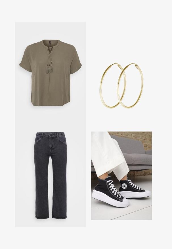 Haki īsām piedurknēm blūze ar apaļu kakla izgriezumu, priekšējo pogu aizdari un dekoratīvām pušķiem ar pērlītēm pie saišu detaļas. Gluda auduma tekstūra.; Melnas denim bikses ar taisno kāju dizainu, piecu kabatu un pogas aizdari. Audumam ir nedaudz izbalēta tekstūra un izturīga šuvuma.; Melni kanvas augstpapēžu apavi ar baltām gumijas zolēm un auklām. Ievērojams aplis logotips sānos un kontrastējoša balta šuvums.; Zelta auskari ar gludu, noapaļu dizainu un spīdīgu apdari. Viegls izpildījums ar drošu aizdari.