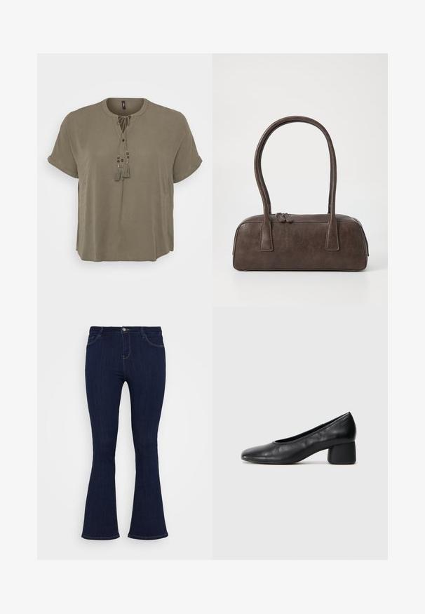 Blouse kaki à manches courtes avec un col rond, fermeture à boutons sur le devant et des franges décoratives avec des perles au niveau des liens. Tissu lisse.; Jean en denim bleu foncé taille haute, avec une coupe ajustée à la cuisse et un léger évasement en bas, dotés de poches avant et d'une fermeture à bouton.; Escarpin en cuir noir avec un bout rond et un talon bloc moyen. Texture lisse avec un minimum de détails, présentant une ouverture élastique discrète.; Sac à main en cuir marron avec deux poignées robustes, de forme rectangulaire, texture lisse et fermeture zippée. Design minimaliste sans motifs visibles.; Boucles d'oreilles en métal argenté avec un design ondulé et sculptural, présentant une finition polie et des formes irrégulières, mettant en valeur une esthétique contemporaine.