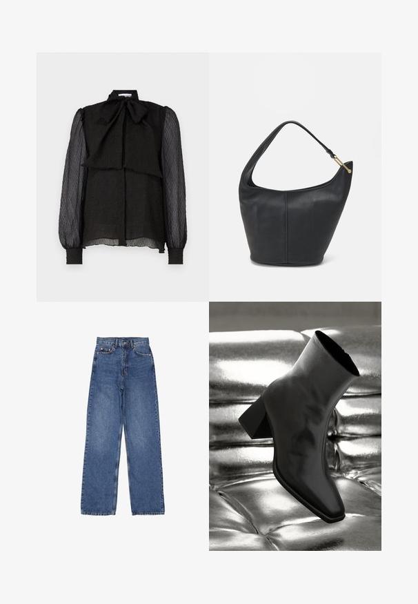 Czarna bluzka z usztywnionym kołnierzem w kształcie kokardy, teksturowana tkanina, długie przezroczyste rękawy i zapięcie na guziki z przodu. Lem jest lekko zaokrąglony.; Dżinsy z wysokim stanem i szerokimi nogawkami, w klasycznym niebieskim odcieniu, z widocznym przeszyciem i metalowymi elementami na przedniej kieszeni.; Czarne botki za kostkę wykonane z błyszczącego materiału, z kwadratowym noskiem i zwężającym się obcasem, na tle błyszczącego srebrnego tapicerowanego tła.; Czarna skórzana torebka o okrągłym kształcie, z szerokim paskiem i teksturowanym wykończeniem. Posiada subtelny detal szwu i akcenty w odcieniu złota.