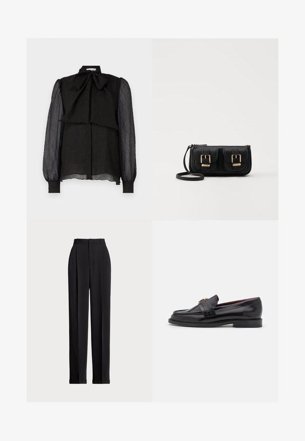 Blusa nera con colletto a fiocco strutturato, tessuto testurizzato, maniche lunghe e trasparenti, e chiusura frontale con bottoni. L'orlo è leggermente arrotondato.; Pantaloni neri su misura a vita alta, con pieghe frontali, design a gamba dritta e orlo con risvolto. Realizzati in tessuto morbido.; Mocassini neri in pelle con un motivo cucito, texture liscia, dettaglio con fibbia dorata e punta arrotondata, posizionati su una suola bassa nera.; Borsa a tracolla nera in pelle con due tasche frontali, fibbie dorate, chiusura con zip e una tracolla sottile. Superficie texturizzata e forma rettangolare compatta.