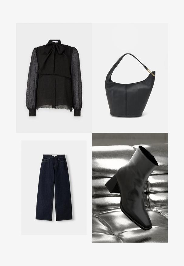Blouse noire avec un col en nœud structuré, tissu texturé, longues manches transparentes et fermeture à boutons sur le devant. L'ourlet est légèrement arrondi.; Jean large en denim bleu foncé à taille haute, avec cinq poches, des coutures contrastées et des éléments en métal argenté. Texture lisse et finition soignée.; Botte noire à la cheville en matériau brillant avec un bout carré et un talon effilé, sur un fond argenté brillant et capitonné.; Sac à main en cuir noir avec une forme arrondie, une large bandoulière et une finition texturée. Présente un détail de couture subtil et un accent en métal doré.