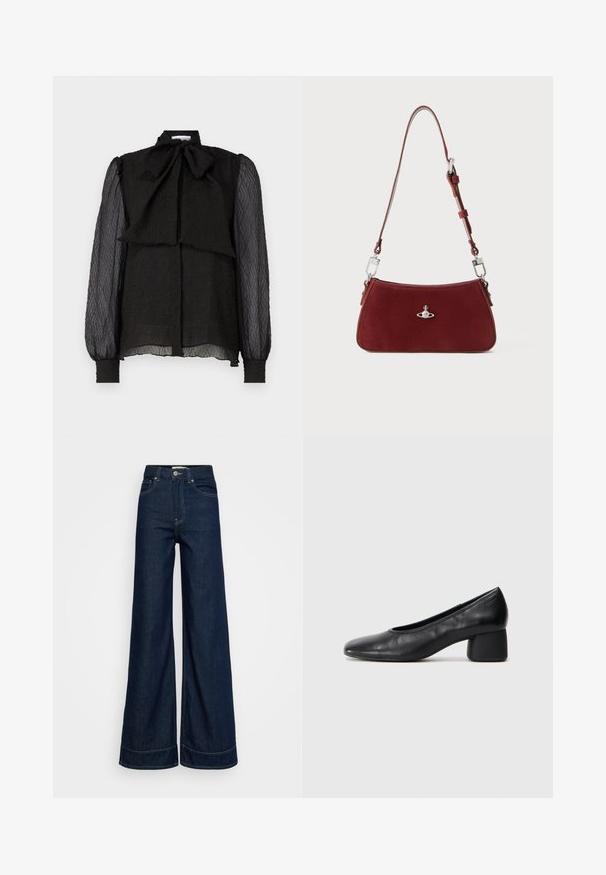 Blusa nera con colletto a fiocco strutturato, tessuto testurizzato, maniche lunghe e trasparenti, e chiusura frontale con bottoni. L'orlo è leggermente arrotondato.; Jeans a vita alta di colore blu scuro, con gamba larga, tasche frontali, passanti per cintura, chiusura con bottone e cuciture visibili su uno sfondo bianco.; Pantofole nere in pelle con punta arrotondata e tacco medio a blocco. Texture liscia con dettagli minimi, caratterizzata da un'apertura elastica sottile.; Borsa a spalla in suede rosso con forma curva. Presenta un accento in tonalità argento e una tracolla regolabile con dettagli in metallo. Texture liscia.
