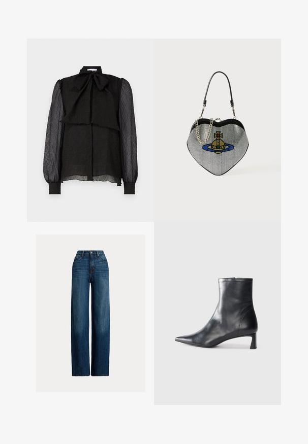 Czarna bluzka z usztywnionym kołnierzem w kształcie kokardy, teksturowana tkanina, długie przezroczyste rękawy i zapięcie na guziki z przodu. Lem jest lekko zaokrąglony.; Dżinsy o szerokich nogawkach w ciemnoniebieskim kolorze. Charakteryzują się wysokim stanem, zapięciem na guzik oraz klasycznym, pięciokieszeniowym fasonem. Gładka struktura z subtelnym wytarciem.; Czarne skórzane botki sięgające kostki z ostrym noskiem i eleganckim designem. Posiadają niski obcas oraz zamek błyskawiczny z tyłu. Gładka faktura.; Torebka w kształcie serca wykonana z siateczki o metalicznym wykończeniu, z motywem kota i planety w kolorach niebieskim, żółtym i czerwonym. Zawiera łańcuszek.