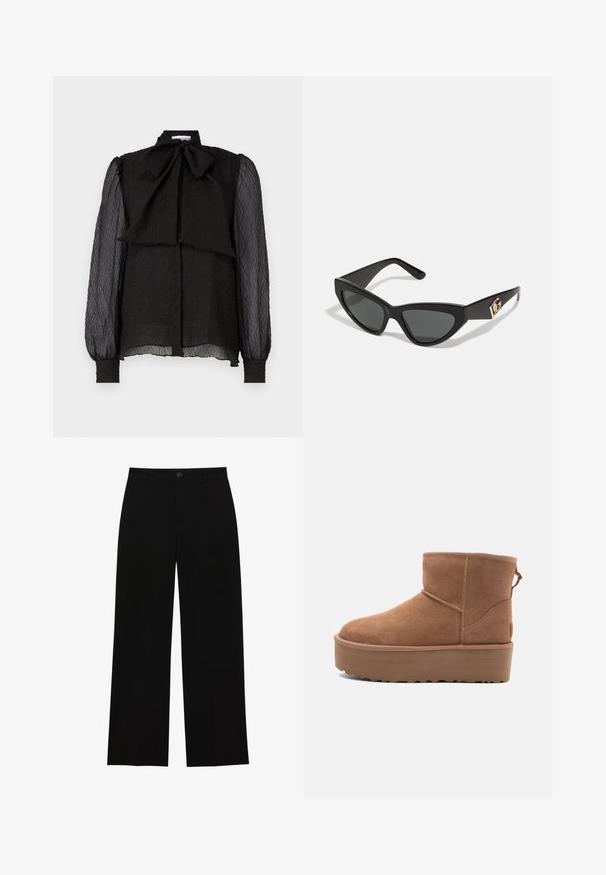 Svart blus med en strukturerad rosettkra, texturerad tyg, lång genomskinlig ärmar och knäppning framtill. Nederkanten är något rundad.; Svarta, högmidjade wide-leg byxor i ett slätt tyg, med platt front, knappstängning och utan synliga fickor.; Tan mockasköna med plattformssula, rund tå och broderade detaljer; har en dragflik baktill för enkel påtagning.; Kattögon-solglasögon med en matt svart plastbåge, mörka linser och en guldlogotyp som accent på skalmen. Vinklad design och jämn yta.; Brun läder crossbody-väska med logomönster, guldkedjestropp, dragkedjestängning och detaljer i guld. Kompakt och rektangulär form.