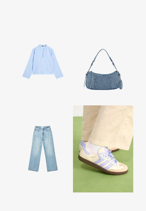 Ljusblå blus med långa ärmar, rund halsringning och en framtill slits. Tillverkad av textil med struktur, med en lös, kortad passform.; Ljusblå denim byxor med vida ben och hög midja, med en blekt tvätt och små, utspridda slitna detaljer genom hela plagget.; Krämfärgade och lavendelfärgade sneakers med tre ränder och en texturerad brun sula, med snören och en vadderad häl. Mjuk tygobero.; Denimhandväska med en rundad form, ljusblå färg, justerbar axelrem och en liten avtagbar ficka med metallaccenter.