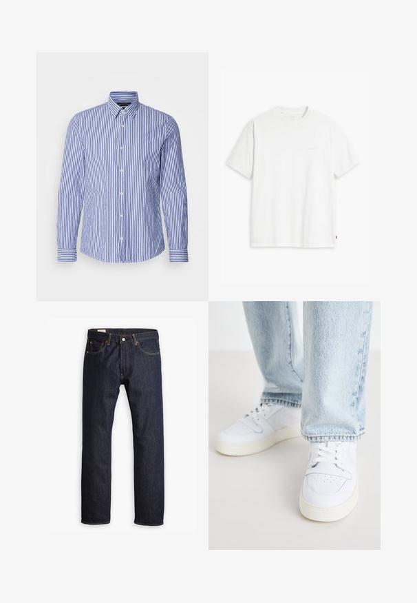 Modrá a bílá pruhovaná košile s dlouhým rukávem na knoflíky vyrobená z tkané bavlny, s klasickým límcem a zakulaceným lemem. Obsahuje perlové knoflíky.; Bílé bavlněné tričko s krátkými rukávy, kulatým výstřihem a jemným logem "Levi's" tištěným světle barvou na přední straně.; Tmavě modré džíny z denimu s rovnými nohavicemi, oranžovým prošíváním a stylingem s pěti kapsami s kovovým zapínáním.; Bílé kožené tenisky nízkého střihu s perforovaným špičkou, plochými tkaničkami a minimalistickým designem. Spárovány s světle modrými denimovými džíny.