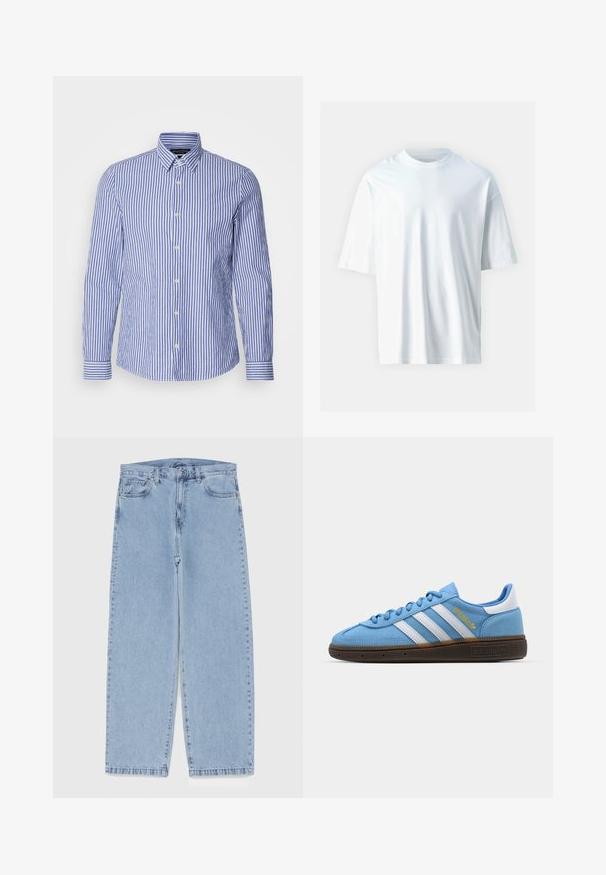 Kék és fehér csíkos, hosszú ujjú, gombos ing, mely szőtt pamutból készült, klasszikus gallérral és lekerekített hemrésszel. Gyöngy gombokkal díszítve.; Fehér, rövid ujjú póló, puha pamutból készült. Kerek nyakú, laza szabású, sima textúrájú. Nincsenek látható minták vagy díszítések.; Világoskék farmernadrág egyenes szárú kivitelben, közepes derékkal, öt zsebbel, gombos és cipzáros záródással.; Világoskék velúr sneaker, fehér bőr csíkkal, barna texturált talppal és arany logó részlettel. Alacsony szárú dizájn, kerek orral.