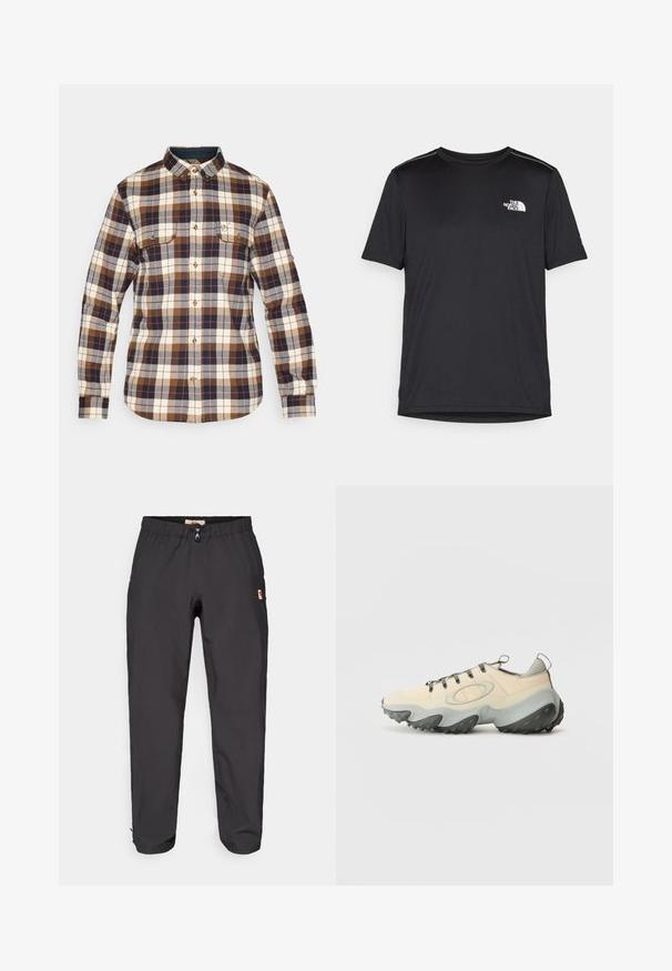 Kostkovaná flanelová košile s hnědými, krémovými a námořnickými kostkami, s límcem na knoflíky, dvěma náprsními kapsami a knoflíkovým zapínáním se zlatými akcenty.; Černé tričko s krátkým rukávem vyrobené z lehkého materiálu. Má malé bílé logo na levé části hrudi a decentní akcenty na ramenech.; Černé outdoorové kalhoty s elastickým pasem a malou nášivkou s logem na pravém stehně, zobrazené na bílém pozadí.; Beige sportovní boty s texturovaným síťovaným svrškem, šedou gumovou podrážkou, výrazným zakřiveným designem a šedými šňůrkami. Mají poutko na patě.