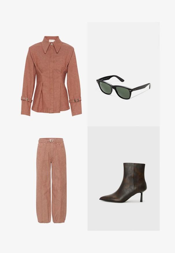 Rdzawoczerwony dżinsowy kurtka wykonana z teksturowanej tkaniny, z kołnierzem, guzikami z przodu i regulowanymi paskami na rękawach. Dopasowany krój z szwami.; Różowe spodnie o szerokich nogawkach z gładką fakturą, paskami, zapięciem na guziki oraz wyraźnymi detalami szwów. Nogawki zwężają się przy kostkach.; Brązowy skórzany botek za kostkę z wydłużonym noskiem, smukłym wzornictwem i cienkim czarnym obcasem. Teksturowana powierzchnia z subtelnym wzorem.; Czarne plastikowe okulary przeciwsłoneczne z zielonymi szkłami, kwadratowe oprawki, srebrny akcent na brwi oraz fakturowane ramiona temple. Nazwa marki podana na wewnętrznej stronie ramion.; Beżowa torebka z zamszu o zaokrąglonym kształcie, z trzema marszczonymi kieszeniami z przodu oraz jedną regulowaną rączką.