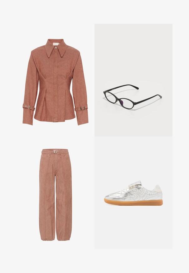 Rūsgans krāsas jaka, kas izgatavota no teksturēta auduma, ar apkakli, priekšējiem pogām un regulējamām siksnām uz piedurknēm. Pieguļošs dizains ar šuvēm.; Rozā plati kāju bikses ar gludu tekstūru, jostas cilpām, pogu aizdari un izteiktu šuvju detaļām. Piedurknes sakraujas pie potītēm.; Metāliskā sudraba sporta apavi ar gludu apdari, teksturētiem akcentiem un gumijas zoli. Aprīkoti ar laces un Velcro jostu aizvēršanai.; Melnas plastmasas briļļu ietvaras ar ovālveida formu, kam ir caurspīdīgi lēcas un viens purpursarkans akcenti uz kreisās lēcas. Moderns, minimālistisks dizains.