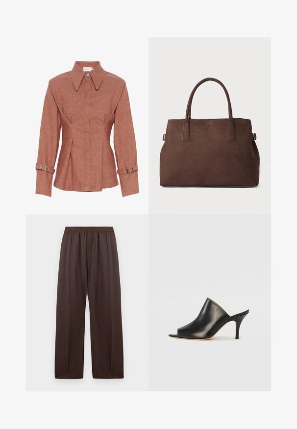 Rudjapangem värviga jakki, millel on tekstureeritud kude, krae, esimesed nööbid ja reguleeritavad rihmad varrukatel. Sobiv disain koos õmblustega.; Pruun laia jala püksid elastse vöökohtadega ja delikaatsete eesplekkidega, esitatud lamedalt valge tausta vastu.; Must musta avatud varbaga king, millel on sujuv ja kumer disain, kõrge stilettokõrgus ja sile tekstuur. Siseosa on kontrastse heleda värviga.; Pruun faux nahast kott kahe tugeva käepidemega, struktureeritud kuju ja minimalistik disain, millel on peened õmblusdetailid.