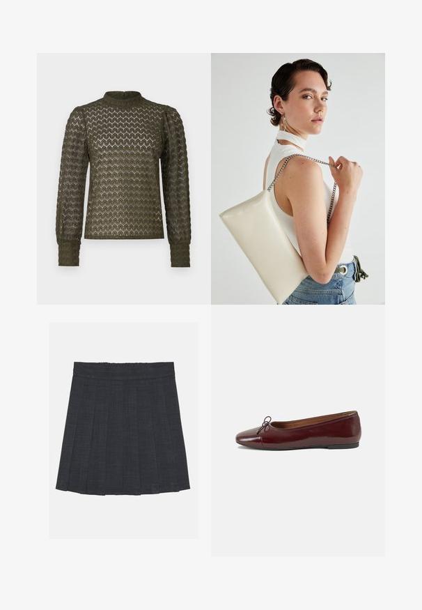 Top verde oliva a maniche lunghe con un motivo a nido d'ape testurizzato, collo alto e maniche arricciate. Tessuto leggero con una finitura morbida.; Gonna a pieghe grigio scuro con vita elastica, caratterizzata da un tessuto testurizzato e da una classica silhouette a trapezio. Adatta per un abbigliamento casual.; Ballerine in pelle verniciata bordeaux con punta arrotondata, piccolo fiocco decorativo sulla parte anteriore e suola bassa in gomma nera. Texture liscia.; Borsa a pochette rettangolare bianca realizzata in materiale lucido, con una tracolla in catena argentata. Il modello posa, mostrando la borsa su uno sfondo semplice.