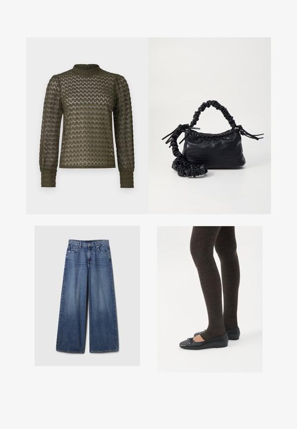 Camisola de manga longa de cor verde-azeitona com um padrão texturizado em favo de mel, gola alta e mangas franzidas. Tecido leve com um acabamento suave.; Calças de ganga azul de perna larga com um acabamento desbotado, apresentando um fecho de botão e zipper, cinco bolsos e passantes para cinto.; Sapatos planos pretos com um pequeno laço na ponta, emparelhados com meias-calças caneladas castanhas escuras. Os sapatos têm uma textura suave e um design discretamente baixo.; Bolsa de mão em couro sintético preto com textura de crocodilo, topo franzido e alça enrugada. Apresenta um design suave e compacto.