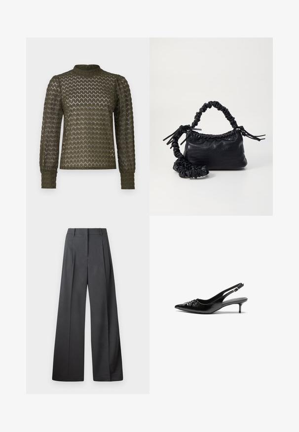 Top verde oliva a maniche lunghe con un motivo a nido d'ape testurizzato, collo alto e maniche arricciate. Tessuto leggero con una finitura morbida.; Pantaloni a gamba larga in tessuto grigio scuro, con vita alta, pieghe singole e una texture liscia con una finitura pulita sui orli.; Tacchi slingback in pelle nera con punta affusolata, piccolo tacco kitten e un dettaglio a nodo decorativo sulla parte anteriore. Texture liscia su tutta la superficie.; Borsa a tracolla in ecopelle nera con texture a coccodrillo, apertura cinchata e tracolla arricciata. Si presenta con un design morbido e compatto.