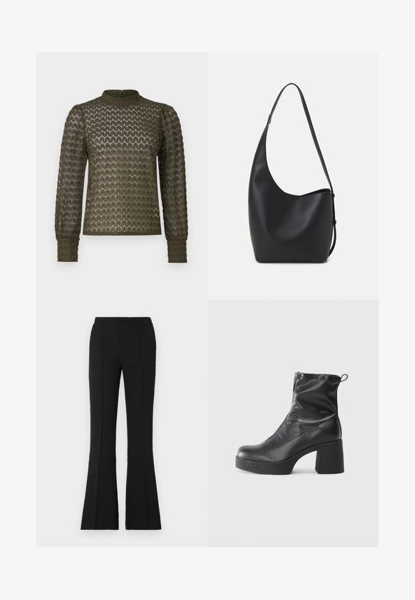 Top verde oliva a maniche lunghe con un motivo a nido d'ape testurizzato, collo alto e maniche arricciate. Tessuto leggero con una finitura morbida.; Pantaloni neri a zampa d'elefante realizzati in tessuto morbido, con vita aderente, dettagli di cucitura frontale e una leggera svasatura che inizia dal ginocchio.; Stivali neri alla caviglia in pelle liscia, con zip laterale, tacco spesso e texture, e punta arrotondata.; Borsa hobo nera in pelle con una superficie liscia, forma curvata e una singola tracolla regolabile; presenta un'ampia apertura nella parte superiore.