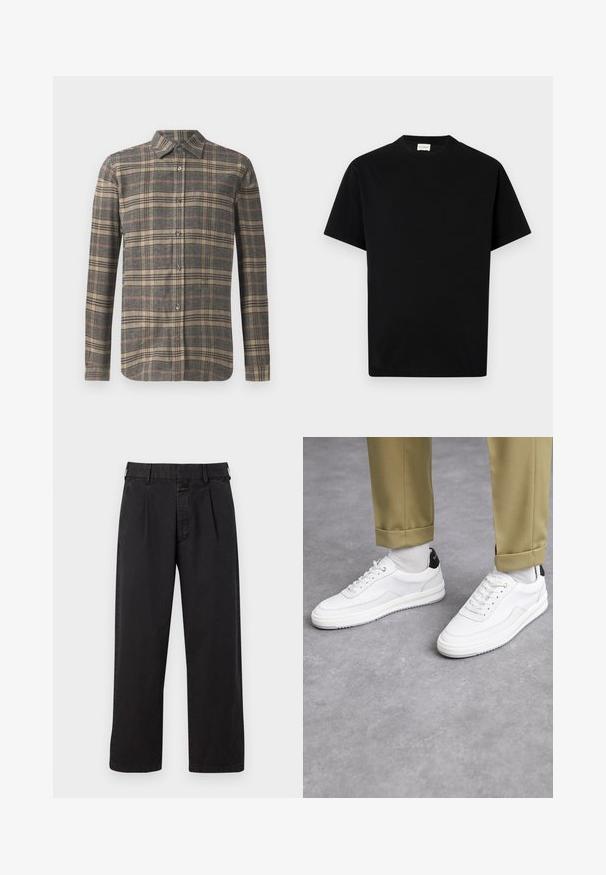 Camisa de manga larga y con botones en un patrón de cuadros gris, beige y naranja. Presenta un cuello clásico y dobladillo recto con botones oscuros.; Camiseta de algodón negra con cuello redondo, mangas cortas y corte recto. Sin patrones visibles ni detalles de hardware.; Pantalones de algodón negros de corte recto, con un frente plisado, presillas para el cinturón y cierre de botón. Textura suave sin patrones.; Zapatillas blancas con un acabado de cuero texturizado, punta redondeada y acento negro en el talón. Suela de goma con un pequeño patrón de relieve y detalle de costura.