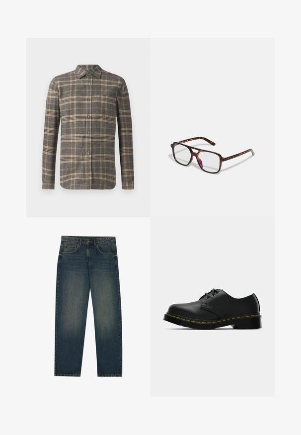 Langarm, knoopshirt in een grijs, beige en oranje ruitpatroon. Bevat een klassieke kraag en een rechte zoom met donkere knopen.; Donkerblauwe spijkerbroek met een recht model, vijf zakken en een lichte vervaging op de benen. Geschikt voor casual draagstijl.; Zwarte leren schoenen met een ronde neus, vetersluiting, gele stiksel langs de zool, en een stevige zwarte rubberen zool voor grip.; Schildpaddenpatroon bril met rechthoekige glazen, zwarte en oranje montuur, met een glanzende afwerking en slanke pootjes.