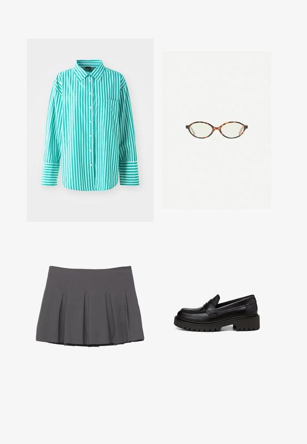 Törökzöld csíkos, hosszú ujjú ing, mellzsebbel. Különböző szélességű függőleges csíkok és klasszikus gallér jellemzi.; Szürke plisszírozott szoknya sima textúrával, varrott részletezéssel és testhezálló derékkal, a comb közepéig ér.; Marc O'Polo LOAFER MIT ROBUSTER PROFIL - Belebújós cipők - black; Tortábar színű szemüveg ovális lencsékkel és sima, elegáns felülettel. Vékony szárakkal rendelkezik, amelyeken finom ív található a halántéknál. Átlátszó lencsék.
