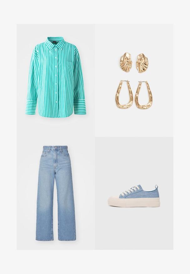 Törökzöld csíkos, hosszú ujjú ing, mellzsebbel. Különböző szélességű függőleges csíkok és klasszikus gallér jellemzi.; Világoskék, magas derekú, bő szárú farmernadrág, elülső gombbal és cipzárral, elülső és hátsó zsebekkel, fehér háttérrel.; Világoskék vászon sportcipők, krémszínű gumitippel és talppal, fehér fűzőkkel és egy húzófüllel a sarkán.; Aranyszínű fülbevalók, texturált, hullámos formákkal. Tartalmazza a szobrászati klipszes studokat és az open hoop kialakítást, kalapácsos felülettel.