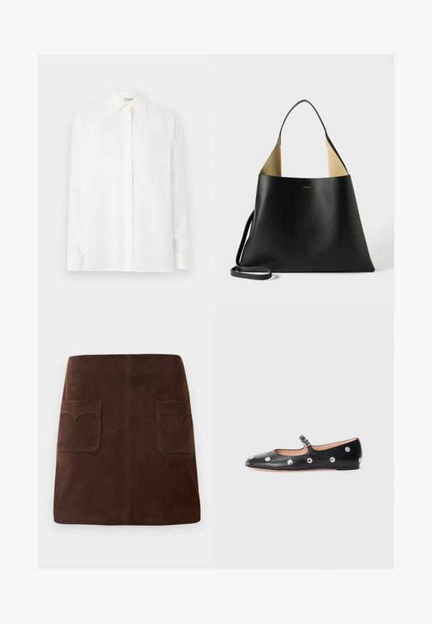 Balds, garām piedurknēm, ar norādītu apkakli, pogu priekšpusi un gludu, vieglu audumu. Iezīmē taisnu griezumu un aproces ar pogām.; Brūns zamšādas svārki ar klasisku A-line formu, divām priekšējām kabatām ar noapaļotiem vāciņiem un smalkiem šuvju detaļām.; Melna ādas Mary Jane līdzena zābaku ar noapaļotu purngalu, kurā ir sudraba apaļie kniedes un regulējama siksniņa ar sprādzi.; Melnas ādas toņu soma ar plašu, stūrveida dizainu. Iekšpusē kontrastējoša brūna krāsa un plāns plecu siksna. Minimālistiska zīmola identitāte.