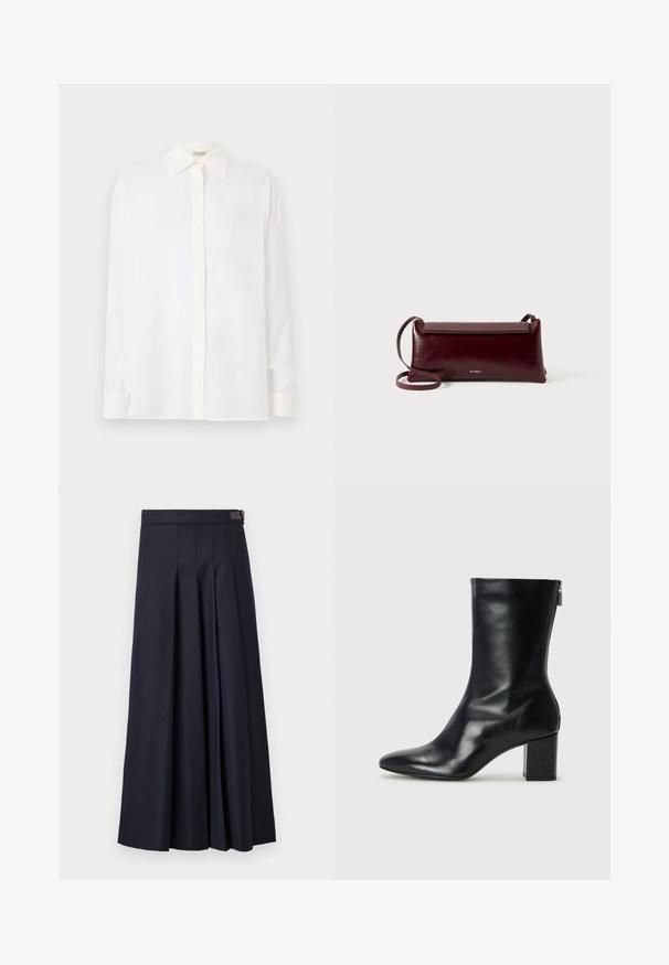 Biała koszula z długim rękawem, z wywijanym kołnierzykiem, zapinana na guziki, uszyta z gładkiego, lekkiego materiału. Posiada prosty krój i mankiety.; Granatowa spódnica plisowana wykonana z gładkiego materiału, z dopasowanym pasem z metalowym akcentem i długością do podłogi.; Czarne skórzane botki za kostkę z wydłużonym noskiem i 4-centymetrowym słupkowym obcasem. Smukły design z bocznym zamkiem ułatwiającym zakładanie. Gładka tekstura.; Bordowa skórzana torba na ramię o gładkiej fakturze, prostokątnym kształcie, z zapięciem na klapę oraz cienkim, regulowanym paskiem. Widoczny detal z logo w kolorze złotym.