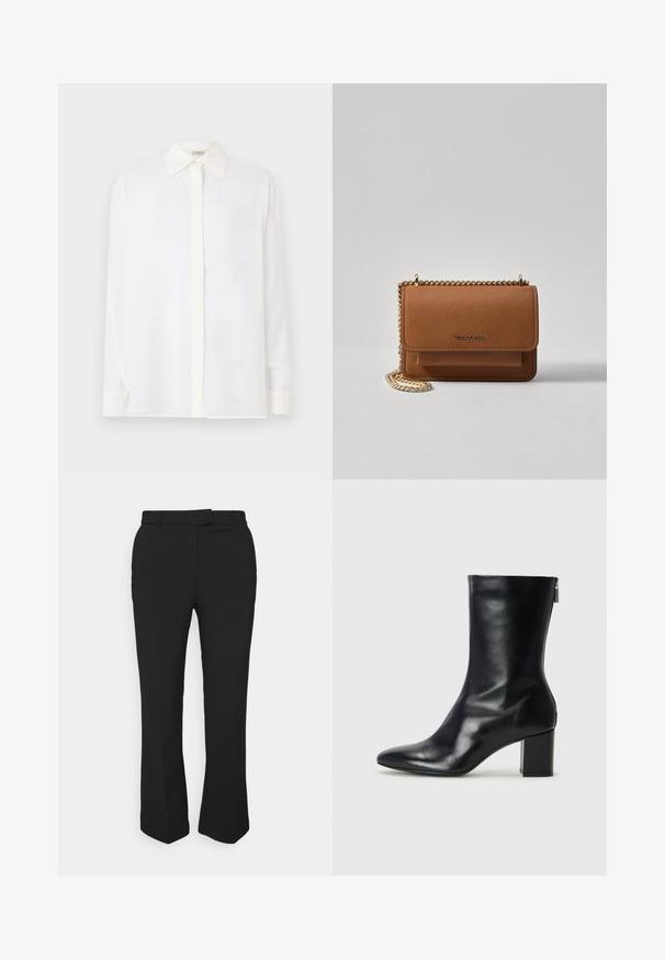 Camicia bianca a maniche lunghe con colletto a punta, chiusura con bottoni e un tessuto leggero e liscio. Caratterizzata da un taglio dritto e maniche con polsini.; Pantaloni neri su misura con design a gamba dritta, dotati di passanti per cintura e tasche laterali. Realizzati in tessuto liscio con una finitura pulita.; Stivale alla caviglia in pelle nera con punta affusolata e tacco a blocco di 4 cm. Design elegante con cerniera laterale per una facile calzata. Tessuto liscio.; Borsa a tracolla in pelle marrone con texture, dotata di catena dorata e chiusura a pattina. Sul davanti presenta un dettaglio con logo e una tasca sotto la pattina.