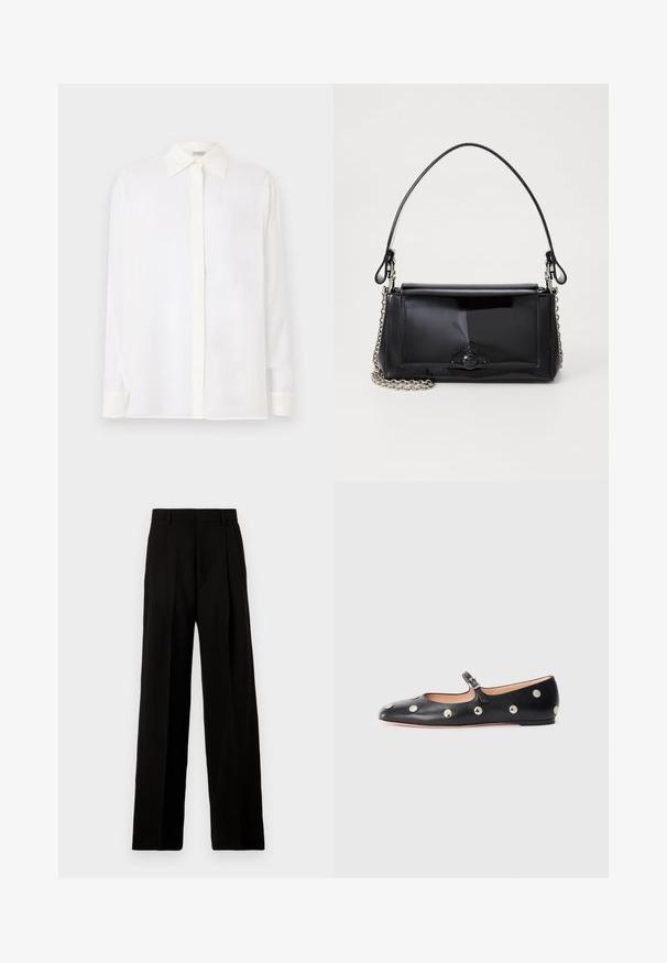 White long-sleeve shirt with a pointed collar, button front, and a smooth, lightweight fabric. Features a straight cut and cuffed sleeves.; Black wide-leg trousers made of smooth fabric, featuring a high waist, front pleats, and a clean, tailored design without embellishments.; Black leather Mary Jane flat shoe with a rounded toe, featuring silver circular studs and an adjustable strap with a buckle.; Black patent leather handbag with a rectangular shape, chain strap, and a distinctive hardware accent in the center. Smooth texture.
