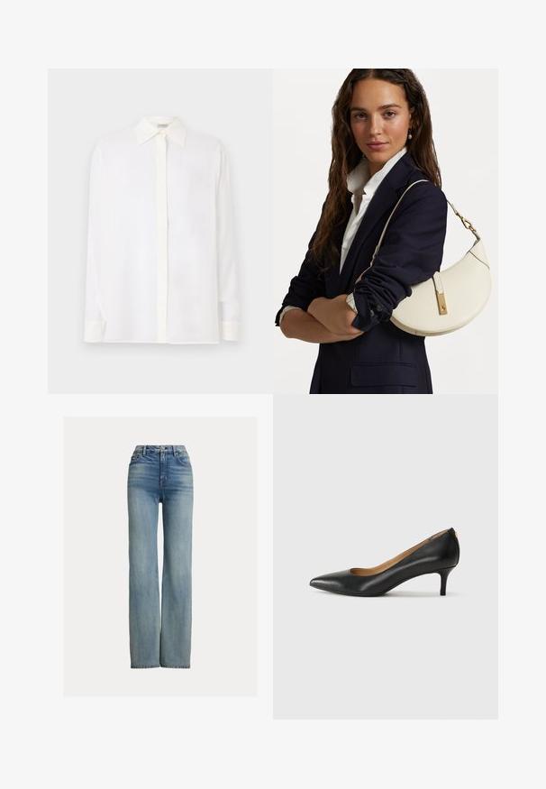 Cămașă albă cu mânecă lungă, guler ascuțit, închidere cu nasturi și o țesătură netedă, ușoară. Are o croială dreaptă și mâneci cu mansete.; Jeans albaștri cu talie înaltă și croială dreaptă, dotate cu buzunare frontale, bucle pentru curea și închidere cu nasture, având detalii ușor decolorate.; Pantofii din piele neagră au vârful ascuțit, toc mic și o textură netedă. Au o deschidere ușoară în față și un hardware minim în spate.; Geantă din piele albă cu o formă curbată, dotată cu accente aurii și o finisare texturată, purtată peste un sacou închis la culoare și o cămașă albă.