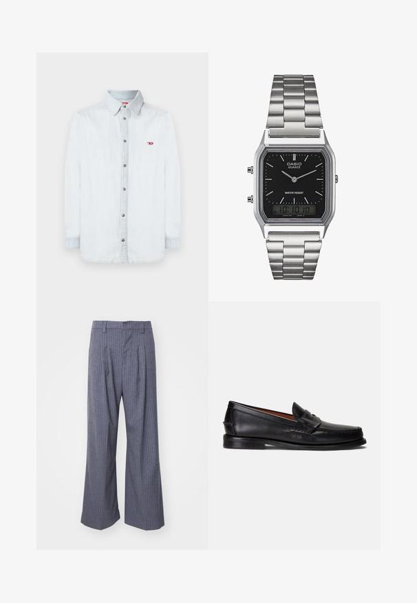 Cămașă din denim de culoare bleu deschis, cu închidere cu nasturi în față, mâneci lungi și un mic logo roșu pe partea stângă a pieptului. Nasturii argintii completează designul.; Pantaloni gri cu dungi verticale, cu un design cu picioare largi, prezentând pliseuri în față și o textură netedă. Fără accesorii vizibile sau detalii metalice.; Mocasini negri din piele cu finisaj neted, vârf rotund și o bandă decorativă peste partea superioară. Prezintă o talpă joasă neagră.; Ceas de quartz din oțel inoxidabil argintiu, cu un cadran rectangular negru, având ace analogice, afișaj digital și etichetă de rezistență la apă.