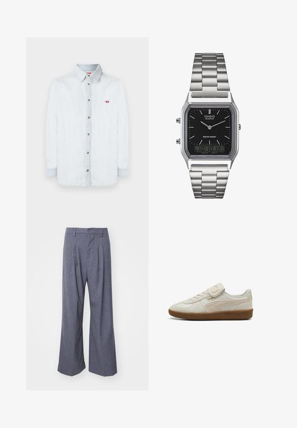 Svijetloplava traper košulja s dugim rukavima i dugmadi sprijeda, te malim crvenim logotipom na lijevoj strani grudi. Srebrna dugmad upotpunjuju dizajn.; Sive prugaste hlače širokih nogavica, z zgubanjem spredaj in gladko teksturo. Brez vidnih kovinskih delov ali poudarkov.; Beli usnjeni copat z teksturiranimi poudarki, gumijastim podplatom in zlatim logotipom. Ima vezalke in velcro trak za zapiranje.; Srebrna quartz ura iz nerjavečega jekla z črnim pravokotnim številcem, ki ima analogne kazalce, digitalni prikaz in oznako za vodoodpornost.