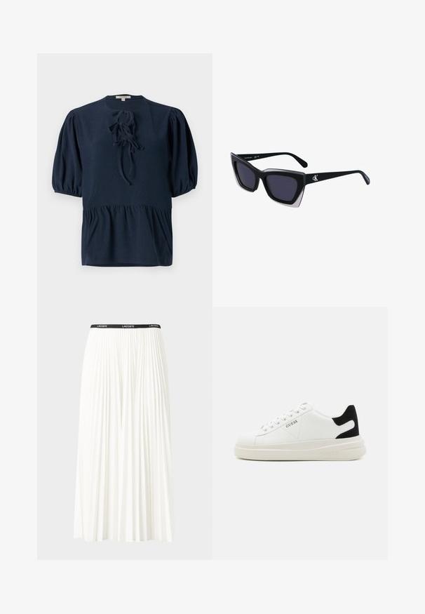 Tengerészkék, rövid ujjú blúz textúrált anyagból, kerek nyakkivágással és elől megkötő részlettel. Peplum fazon, gyűrt puffos ujjakkal.; Plisszírozott fehér szoknya fekete elasztikus derékkal, amelyen a "LACOSTE" logó található. Középhosszú kialakítás, puha tapintással.; Fehér bőr sportcipők vastag fehér talppal, fekete velúr sarokpikkelyel és dombornyomott logóval az oldalon. Fűzős kialakítás, hat fűzőlyukkal.; Fekete, nagyméretű napszemüveg geometrikus formával, sötét lencsékkel és kontrasztos szürke részlettel a kereten. Logó a szárán.