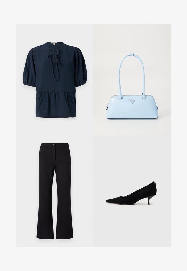 Blusa azul marinho de mangas curtas com tecido texturizado, decote redondo e detalhe de laço na frente. Corte peplum com mangas bufantes franzidas.; Calças pretas largas feitas de um tecido suave, com fecho frontal de botão, passantes para cinto e um design limpo e ajustado.; Sapato de salto alto em camurça preta com bico afunilado e salto baixo e fino. Textura suave com um design elegante, apresentando nenhum hardware visível.; Bolsa de mão azul claro com uma forma estruturada, material de couro suave, duas alças e um logótipos triangular na parte da frente. Fecho com zíper.