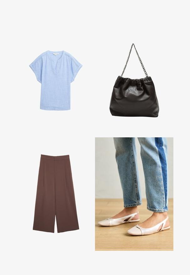 Camicia a maniche corte azzurro chiaro in un tessuto traspirante, con scollo a V e un sottile motivo testurizzato su tutta la superficie.; Pantaloni ampi marroni con una texture liscia, caratterizzati da una vita alta e pieghe frontali. Il tessuto è leggero e scorre liberamente.; Ballerine slingback rosa pallido con punta affusolata, realizzate in un materiale simile alla pelle liscio. Presentano dettagli a taglio sui lati e un tacco piatto.; Borsa in pelle marrone con parte superiore arricciata e tracolla a catena. Texture liscia con finitura lucida e dettagli di cucitura sottili sui lati.
