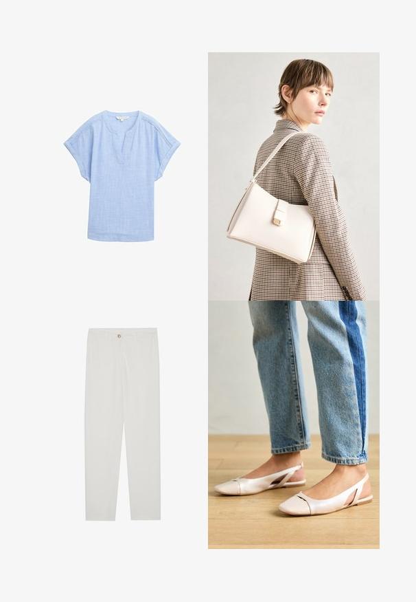 Gaiši zils īsām piedurknēm krekls elpojošā audumā, ar V veida kakla izgriezumu un smalku teksturētu rakstu visā virsmā.; Baltas, pielāgots bikses ar taisnu kāju dizainu, ar pogu aizdari, jostu cilpām un sānu kabatām; gluda auduma tekstūra.; Bālti rozā siksniņu dzīvokļi ar smailu purngalu, izgatavoti no gludas ādas līdzīgās materiāla. Iezīmē izgriezumu detaļas sānos un platu papēdi.; Balta ādas rokassoma ar strukturētu dizainu, kurai ir magnētiska aizdare un plecu josta, parādīta uz neitrāla fona.