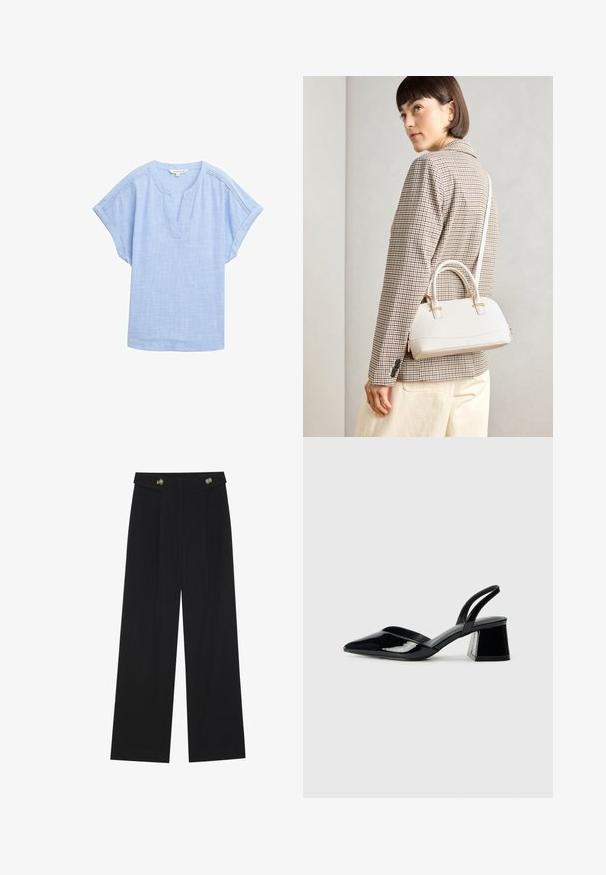 Ljusblå kortärmad skjorta i ett andningsbart material, med v-ringning och subtilt mönster över hela plagget.; Svarta vida byxor med hög midja, knäppdetaljer i midjan och framfickor.; Svarta lackläder slingback klackar med spetsig tå och geometrisk klack. Har en elegant, minimalistisk design och slät yta.; Vitt strukturerat handväska med korta handtag och en axelrem, med gyllene detaljer och texturerat material, visad mot en grå bakgrund.