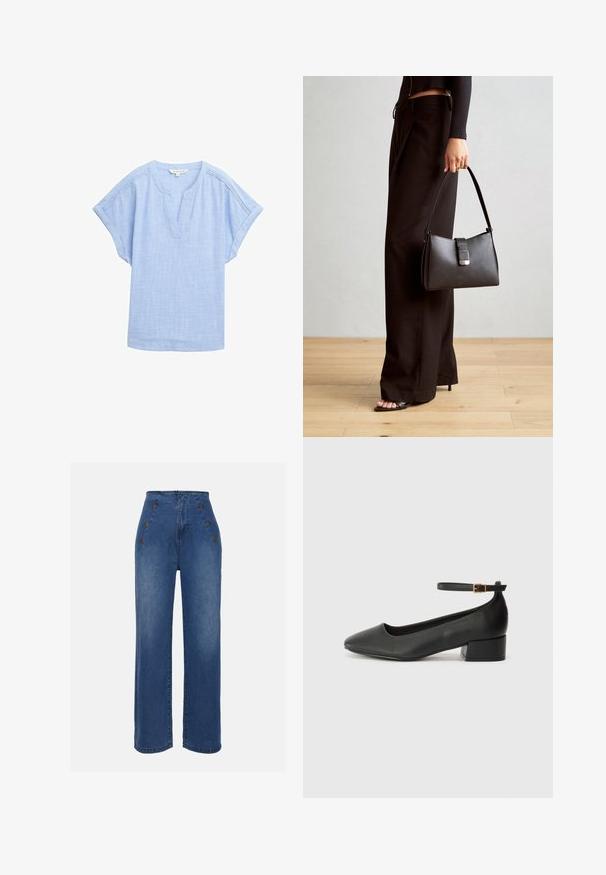 Gaiši zils īsām piedurknēm krekls elpojošā audumā, ar V veida kakla izgriezumu un smalku teksturētu rakstu visā virsmā.; Augstas jostas denima bikses vidēji zilā krāsā. Iespējas ir priekšējie pogu akcenti un plata kāju dizains. Audumam ir gluda tekstūra ar nelielu nodilumu.; Melnas ādas sūkņi ar smailu purngalu un zemu bloku papēdi. Iezīmēts ar potītes siksniņu ar zelta krāsas sprādzi. Gluda tekstūra.; Melnā somiņa ar strukturētu formu, gludu tekstūru un metālu sprādzi. Saskaņota ar platām melnām biksēm un sandālēm ar atvērtu purngalu uz koka grīdas.