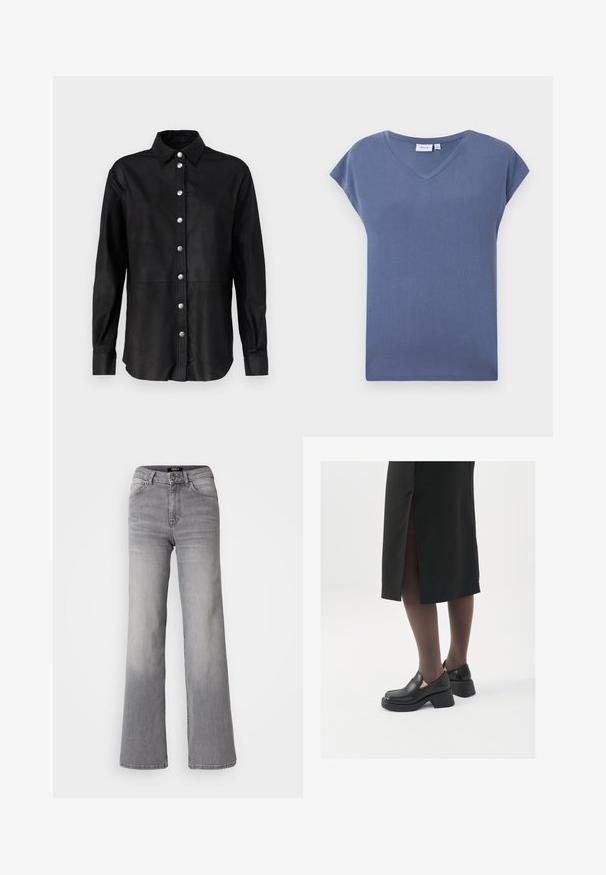 Černá kožená košile s klasickým límečkem, předním zapínáním na stříbrné knoflíky a dlouhými rukávy. Hladká textura a přizpůsobený střih.; Tričko s výstřihem do V a krátkým rukávem v tlumené modré barvě, vyrobené z měkké bavlny s hladkou texturou a volným střihem.; Džíny z šedého denimu s vysokým pasem a rovnými nohavicemi, předním zapínáním na knoflík a zip, předními a zadními kapsami, a vybledlým stínováním na stehnech a lýtkách.; Černé kožené boty s kulatou špičkou, silným blokovým podpatkem a elastickými bočními akcenty, spárované s tmavými punčochami a černou sukní se rozparkem.