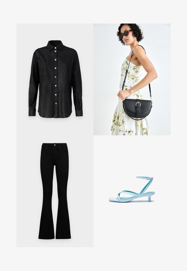 Black leather shirt with a classic collar, front placket featuring silver buttons, and long sleeves. Smooth texture and tailored fit.; Black high-waist jeans with a button and zip closure, front pockets, and flared legs laid flat on a white background.; Light blue strappy sandal with a square toe, low heel, adjustable ankle strap, and smooth, glossy finish. Crossed straps on the footbed.; Black leather handbag with a curved shape, detachable strap, and gold hardware. The bag features a flap with a buckle detail.