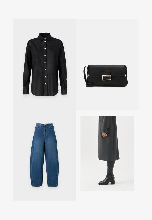 Čierna kožená košeľa s klasickým golierom, predným zapínaním na strieborné gombíky a dlhými rukávmi. Hladká textúra a prispôsobený strih.; Džínsy v strednom modrom umývaní, s vysokým pásom, širokým strihom nohavíc a klasickým dizajnom s piatimi vreckami a viditeľnými švami.; Sivý, strihovo upravený kabát so rovnými líniami; doplnený o čierne kožené čižmy po kolená s štvorcovou špičkou a robustným podpätkom.; Čierna kožená clutch taška s klopou a zlatým kovovým detailom s prackou. Obsahuje čierny remienok a elegantný, minimalistický dizajn.