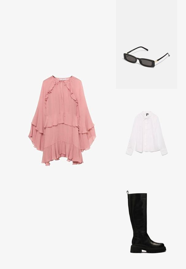 Camicia bianca a maniche lunghe in cotone, con colletto classico, chiusura a bottoni sul davanti e una vestibilità leggermente rilassata. Tessuto liscio senza motivi.; Abito in chiffon rosa con una vestibilità rilassata, caratterizzato da volant sul collo, sulle maniche e sull'orlo, con un chiusura a fiocco al collo.; Stivali in pelle neri al ginocchio con un design elegante, punta rotonda e suola in gomma spessa con profonde scanalature e una linguetta nella parte superiore.; Occhiali da sole neri rettangolari con lenti scure, montatura in plastica lucida e accenti dorati sulle tempie. Design minimalista e forma elegante.