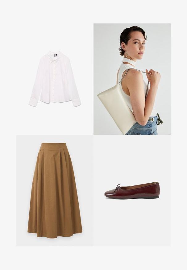 Witte lange mouwen shirt van katoen, met een klassieke kraag, knoopsluiting aan de voorkant en een iets ontspannen pasvorm. Gladde textuur zonder patronen.; Bruine katoen A-lijn rok met een hoge taille, voorzien van plooien aan de voorkant en een gladde textuur. De zoomafwerking is schoon en eenvoudig.; Bordeaux gepatenteerd lederen ballerina met een ronde neus, een klein strikaccent aan de voorkant en een lage, zwarte rubberen zool. Glad textuur.; Witte rechthoekige clutch tas gemaakt van glanzend materiaal, met een zilveren kettingband. Model poseert en toont de tas tegen een effen achtergrond.