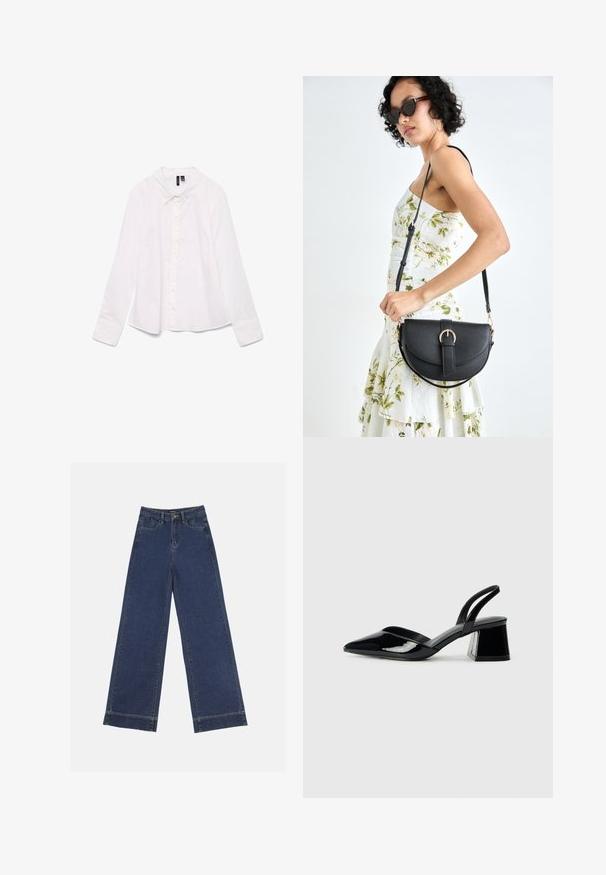 Camicia bianca a maniche lunghe in cotone, con colletto classico, chiusura a bottoni sul davanti e una vestibilità leggermente rilassata. Tessuto liscio senza motivi.; Jeans a gamba larga in denim blu scuro. Presentano cinque tasche, passanti per cintura e un orlo grezzo in fondo con dettagli di cucitura visibili.; Décolleté in vernice nera con punta affusolata e tacco in geometria cubica. Presentano un design elegante e minimalista, con una texture liscia.; Borsa a tracolla nera in pelle con una forma curva, manico rimovibile e accessori dorati. La borsa presenta una patta con un dettaglio a fibbia.