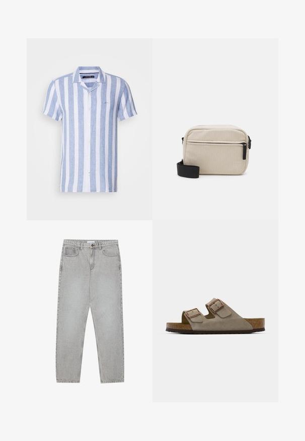 Košeľa s krátkymi rukávmi, zapínaná na gombíky, s modro-bielymi vertikálnymi pruhmi, vyrobená z ľahkého materiálu, s golierom a logom na hrudi.; Biely bezrukávový top vyrobený z hladkej látky, s okrúhlym výstrihom a priliehavým strihom, vhodný na vrstvenie alebo nosenie samostatne.; Svetlošedé denimové nohavice s rovným strihom, piatimi vreckami a zapínaním na gombík. Viditeľné švy pozdĺž švov.; Semišové sklzové sandále svetlosivej farby s dvoma nastaviteľnými prackami, korkovou strednou podrážkou a textúrovanou gumovou podrážkou.; Kremovo sfarbená kordová crossbody taška s čiernym zipsom, odnímateľným popruhom a textúrovaným vzorom. Obsahuje jednu hlavnú priehradku a predný vrecko.; Viacvrstvový náhrdelník so striebornými kovovými reťazcami a korálkami v bielej a hnedej farbe, ktorý zobrazuje rôzne textúry a tvary.