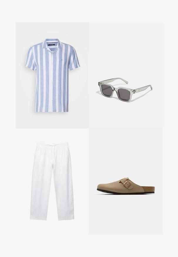 Korte mouw knoopshirt met blauw-witte verticale strepen, gemaakt van lichte stof, met een kraag en een logo op de borst.; Witte, loszittende broek gemaakt van lichtgewicht stof. Voorzien van een elastische tailleband met een koord en twee zijzakken.; Beige klompen met een afgeronde neus, verstelbare gespaccent, en kurk voetbed. Gestructureerd oppervlak met een zwarte rubberen zool voor grip.; Heldere rechthoekige zonnebril met donkergrijze lenzen en dikke transparante monturen. Accenten zijn subtiele merkvermeldingen op de slapen.