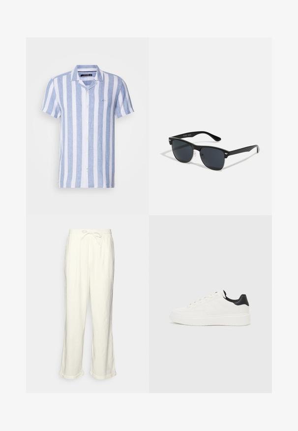 Lühikeste varrukatega nööbitav särk siniste ja valgete vertikaalsete triipudega, valmistatud kerge kanga tõttu, millel on krae ja rinnanäidikuga logo.; Lina püksid tühjas valges, millel on paelaga vöökoht, veidi laiemad sääred ja keeratud varrud mugavaks istumiseks. Taskud puuduvad.; Valge nahast sneaker, millel on reljeefne muster, tekstureeritud valge vaheline tall ja must kannaaktsent. Omab ümarat nina ja lamedat paelavarrast.; Mustad mustmikrooni kujuga mustad prillid, tumedate klaasidega, hõbedased detailid templite juures ja mati viimistlusega raam.