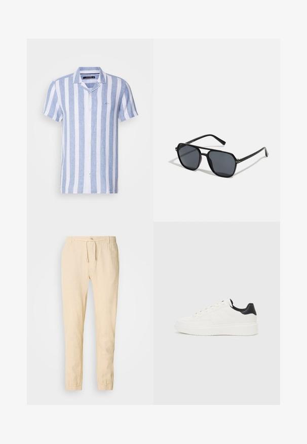 Korte mouw knoopshirt met blauw-witte verticale strepen, gemaakt van lichte stof, met een kraag en een logo op de borst.; Lichtbeige linnen broeken met een trekkoord in de taille, tapered pijpen en elastische boorden. Eenvoudig ontwerp met een subtiele textuur.; Witte leren sneaker met een reliëfpatroon, textuur van de witte tussenzool en een zwarte hielaccent. Heeft een ronde neus en platte veters.; Zwarte zonnebril met een octagonaal frame, donkere lenzen, glanzende afwerking, dunne tempels en gouden accenten aan de voorkant.