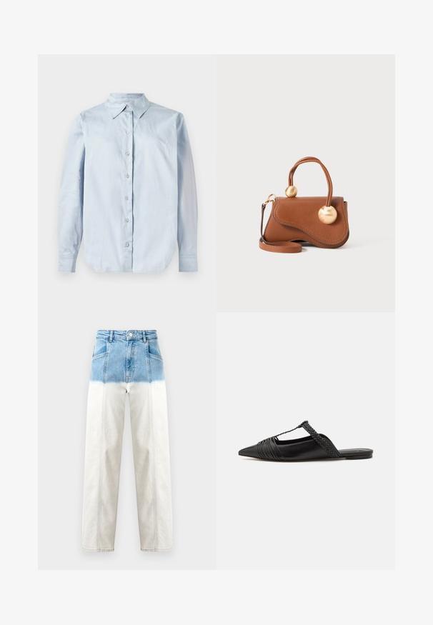 Lichtblauw overhemd met lange mouwen, gemaakt van een gladde stof. Voorzien van een klassieke kraag, knopen aan de voorkant en een ronde zoom.; Denim jeans hebben een blauwe bovenkant die vervaagt naar wit. Hoge taille, rechte pijpen en zichtbare stiksels.; Zwarte leren slingback schoen met een puntige neus, voorzien van een gevlochten accent en geplooid ontwerp aan de bovenkant. Platte zool met minimale hardware.; Bruine leren handtas met een golvende uitstraling, voorzien van twee ronde gouden accenten en een afneembare schouderriem voor veelzijdig dragen.